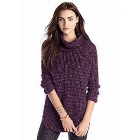 Free People Womens Dylan Tweedy Turtleneck Tunic Sweater Purple Oversized size M - Picture 2 of 16